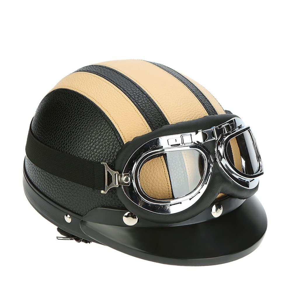 Shkalacar Casque avec visière scooter électrique adulte moto ouvert demi-cuir UV lunettes rétro style vintage 54-60cm