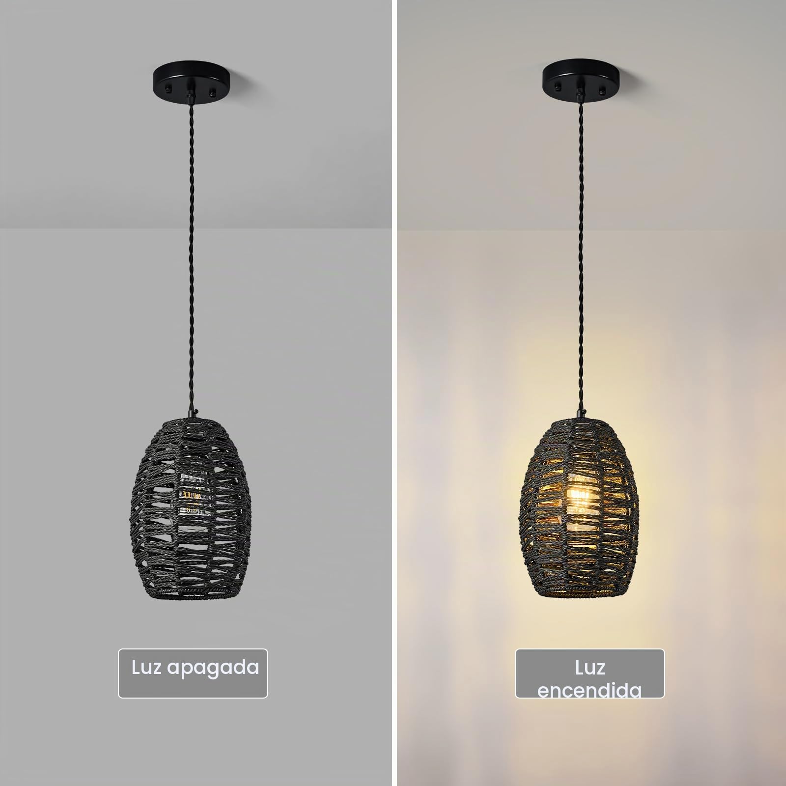 Lámpara Araña de Ratán Negro para Isla Cocina, Altura Ajustable, Estilo Bohemio E27 Cesta de Sala de Estar Granja (1-Paquete)