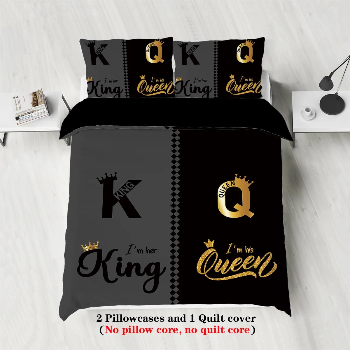 Bettbezug-Set für Queen und King-Size-Betten, Luxuriöses Pärchen-Bettwäsche 135x200 In Schwarz und Grau mit Goldenem Kronendruck und Reißverschluss, Romantischer Bettbezug Zum Valentinstag für