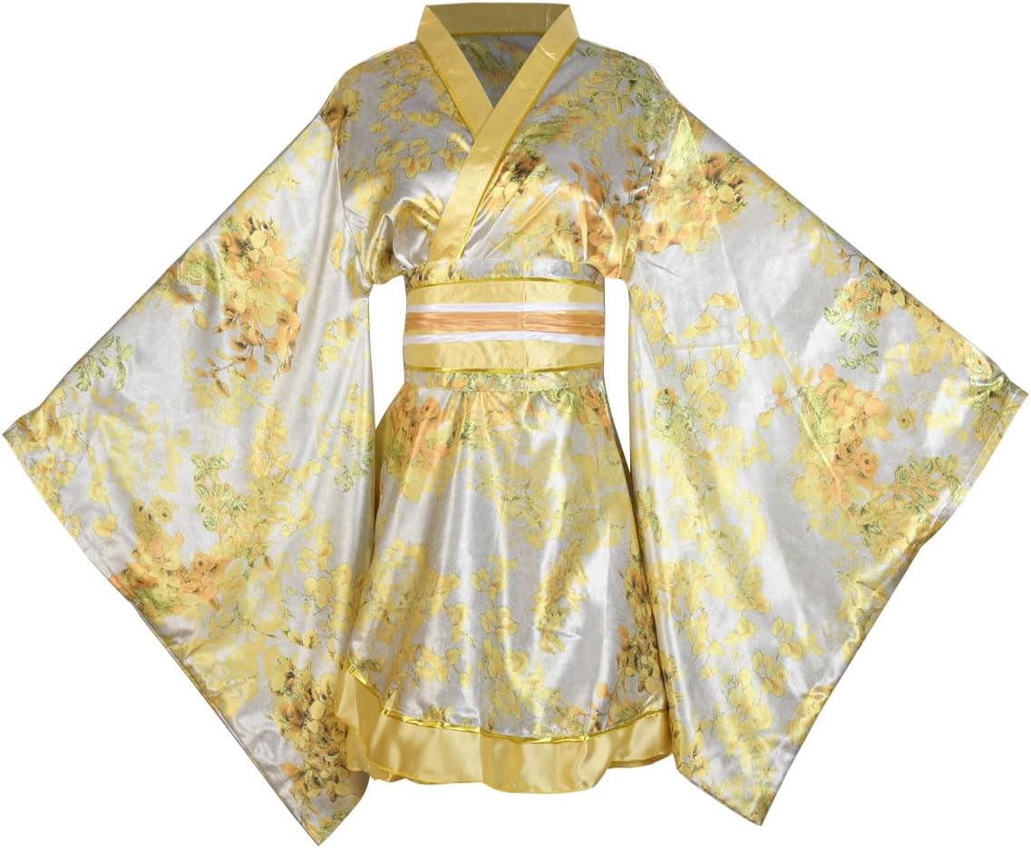 Women's Sexy Short Kimono Costume Adult Japanese Geisha Robe Prints Floral Bathrobe Sleepwear With Obi Belt Outfit