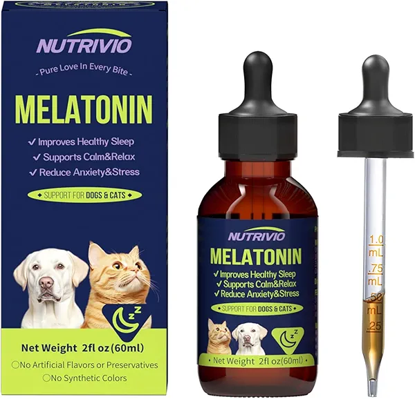 Nutrivio Liquid Melatonin for Dogs Melatonin Drops for Dogs & Cats,Dog Sleep Aid,Calming for Dogs Reduce Cat Stress Restful Sleep Formula with Vitamin B/D/C Bacon Flavor 2 fl oz (60 mL)