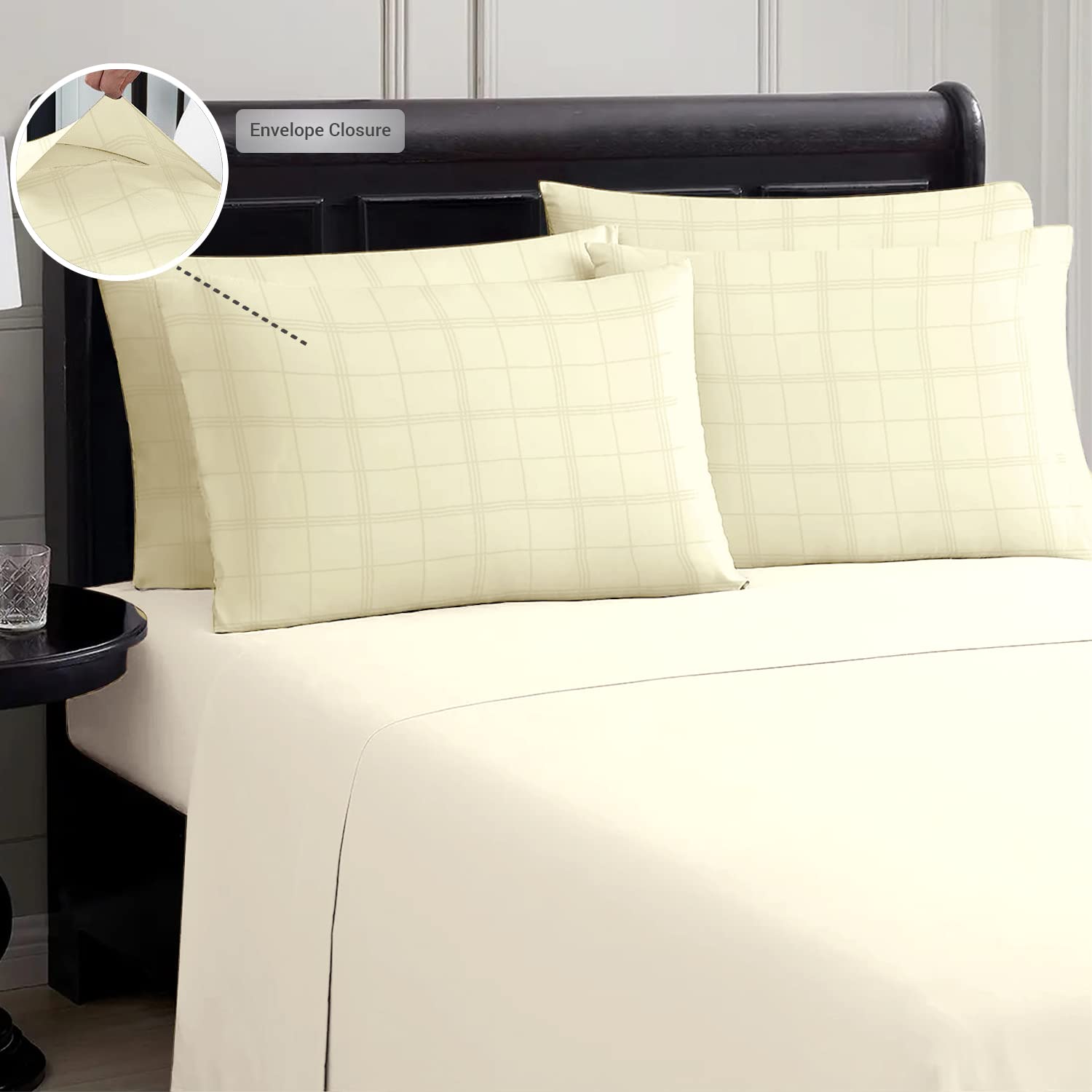 Pizuna 100% Cotton Cream Big Checks Housewife Pillowcases 2 Pack, 300 Thread Count Long Staple Combed Cotton Checked Bedding - Image 3