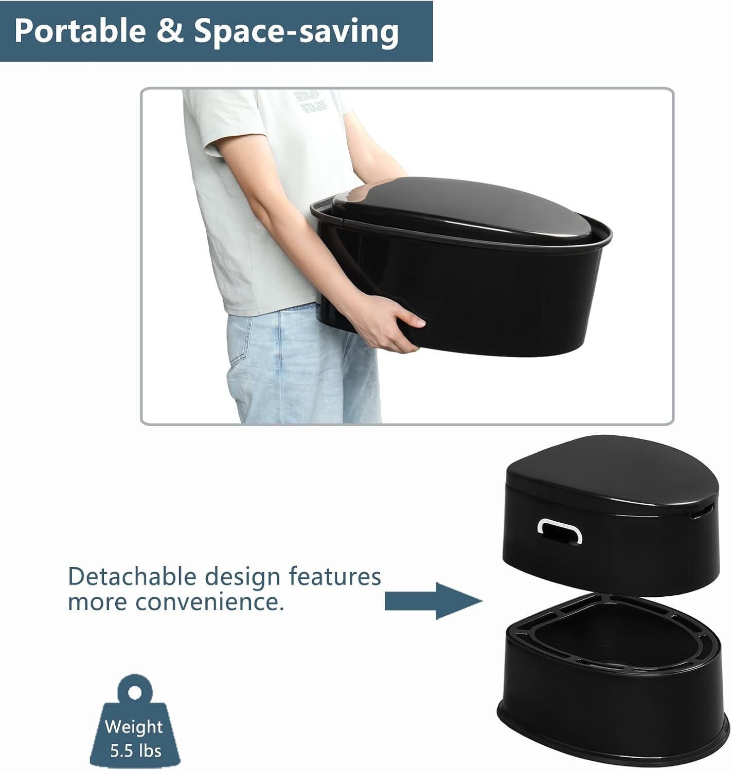 VINGLI Portable Toilet | Indoor Outdoor Commode w/Detachable Inner Bucket, Removable Paper Holder, Included Toilet Brush & Trash Bags, Lightweight Compact for Camping, Boat, Van, Emergency, Black