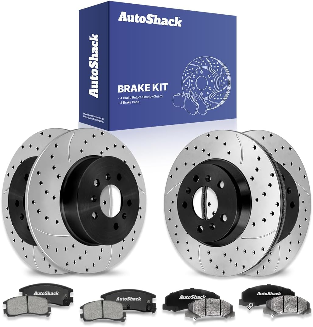 AutoShack Front Vented & Rear Solid Drilled & Slotted E-Coated Brake Rotors + Ceramic Pads 12-PC Brake Kit Replacement for 2006-2010 Chevrolet Impala 2006-2007 Chevrolet Monte Carlo ShadowGuard