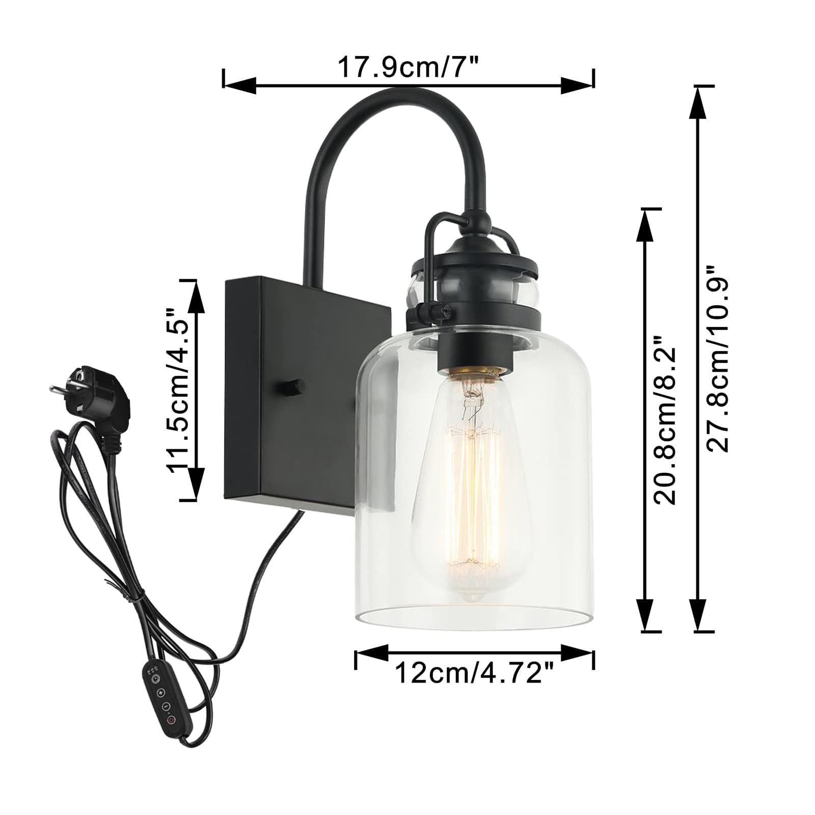 Dimmbar Wandleuchte Innen Mit Schalter, 2er Pack Vintage Glas Wandlampe mit E27 Lampenfassung und Zeitschaltuhr für Wohnzimmer Schlafzimmer TreppenhausFlur-Schwarz(BD2381)