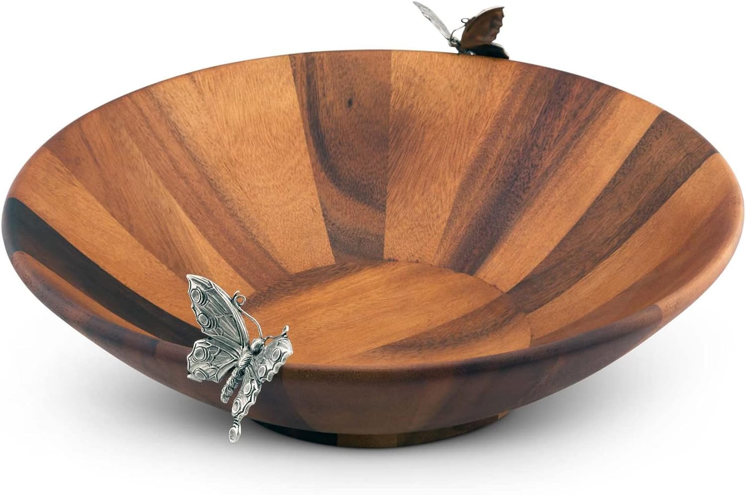 Vagabond House Acacia Wood Salad Bowl with Pewter Butterflies - Spring Salad Bowl 16 inch Diameter x 5 inch Tall