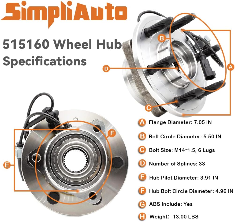 515160 Front Wheel Hub and Bearing Compatible with 4WD Cadillac Escalade ESV, Chevy Silverado 1500, Suburban Tahoe, GMC Sierra 1500 Limited, Yukon Yukon XL