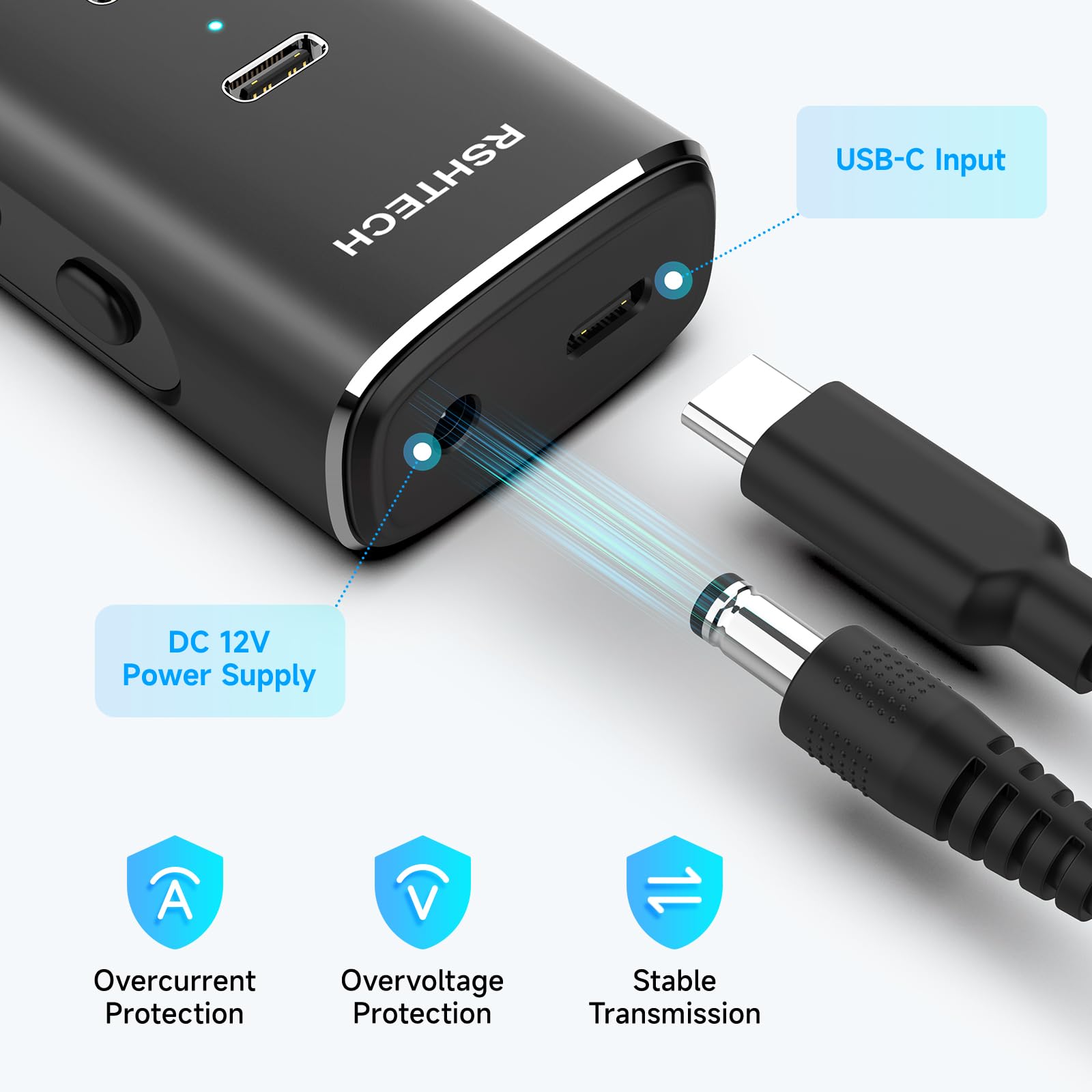 RSHTECH 36W Hub USB C z Zasilaniem, Koncentrator Danych 7 Portów (4C+3A) z Aluminium USB-C 3.2 10Gbps z Zasilaczem 12V/3A i Odbieranym Kablem 3.3 Stopy, RSH-ST10P