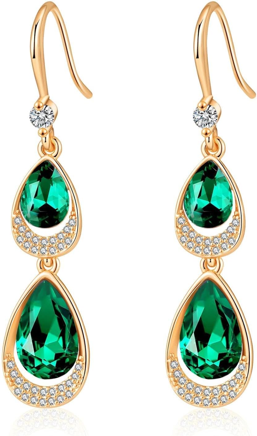 Austrian Crystal Halo Double Teardrop Hollow Drop Dangle Earrings for Women 14K Rose Gold Plated Hypoallergenic Jewelry