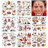 8 Blatt Gesichtstattoo Kölner Karneval Kostüm Damen Herren Gesicht Aufkleber, Klebetattoos Kölle Alaaf Rot Weiss Herz Clown Face Fake Tattoos, Erwachsene Faschingskostüme Schminke Accessoires