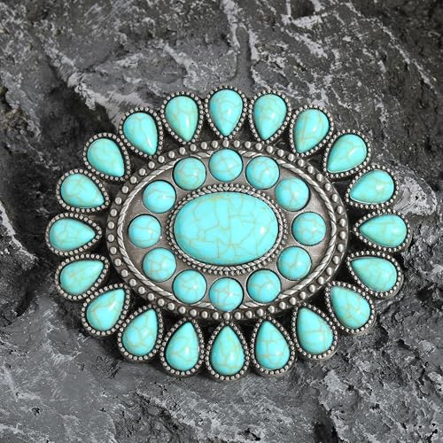 Image of FALETO Western Turquoise Belt Buckle for Men Vintage Cowboy Oval Alloy Belt Buckle