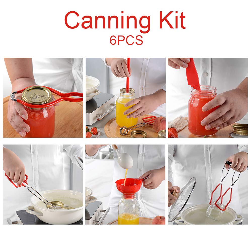 Mise en Conserve Kit Comprend Élévateur, Magnétique Couvercle Bocal Clé,Pinces, Mesureur, Maison Fournitures, Essentiels Coffret, 6 Pièce Ensemble(Rouge)
