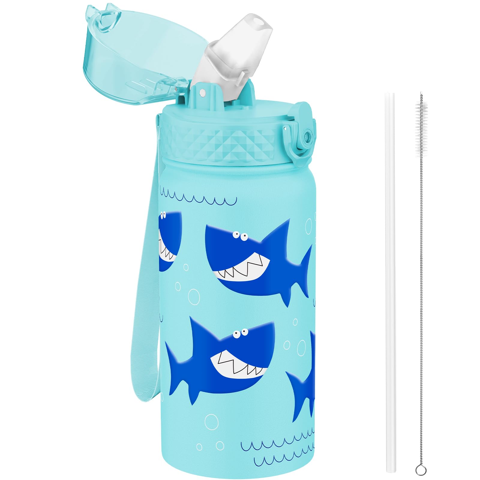 GOPPUS 14oz Kids Water Bottle with Straw Lid Insulated Reusable Stainless Steel Water Bottles - Leak Sweat Proof