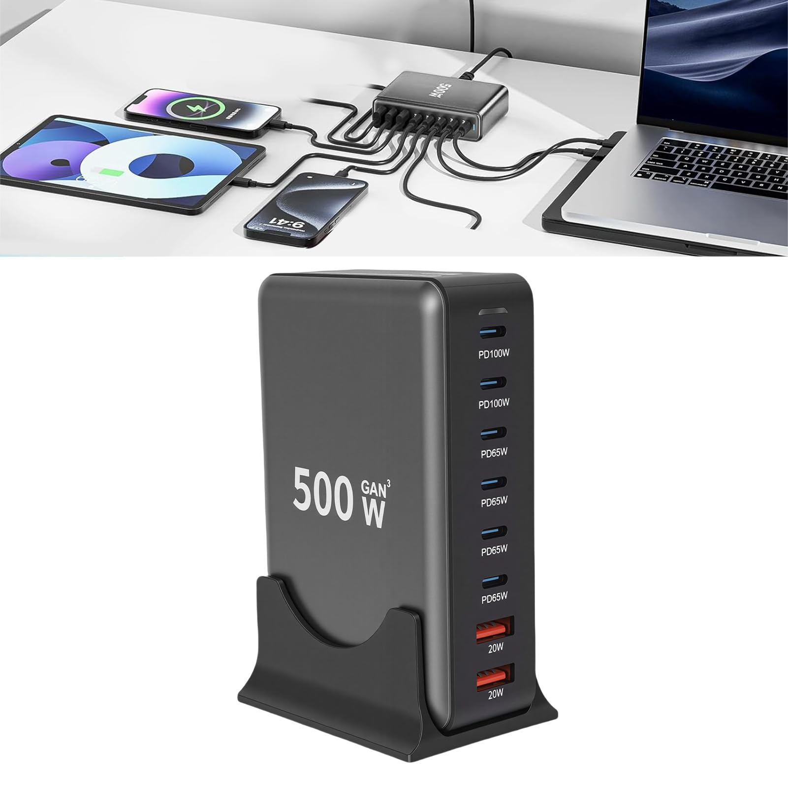 XUMIUZIY Stazione di Ricarica USB, Caricatore Multiplo 8 Porte 500W, per | 6 Porte e 2 USB-A, Ricarica Rapida Laptop 100W PD PPS, Cavo Rimovibile 1,5 M