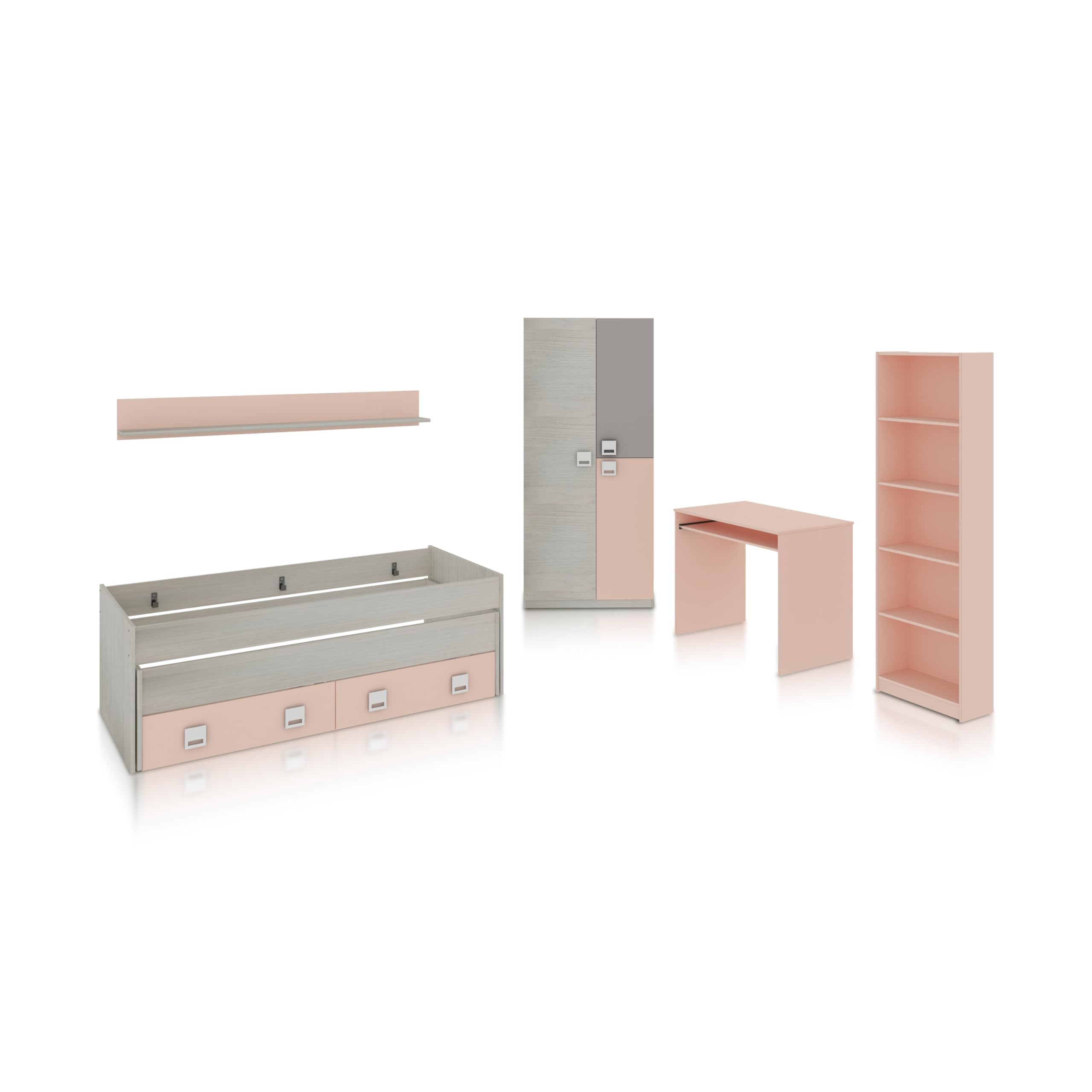 duehome | Pack de Dormitorio Juvenial con Cama Nido Juvenil, Armario, Escritorio y Estantería, Conjunto de Dormitorio Infantil, Modelo Kenia MAX, Acabado en Blanco Alpes, Rosa Pastel y Gris