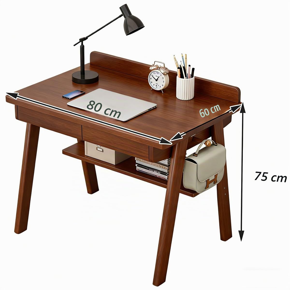 Scrivania in legno massello con 2 cassetti, scrivania classica per computer per casa e ufficio, tavolo da toeletta, postazione di lavoro semplice per camera da letto e studio, facile da montare (noce