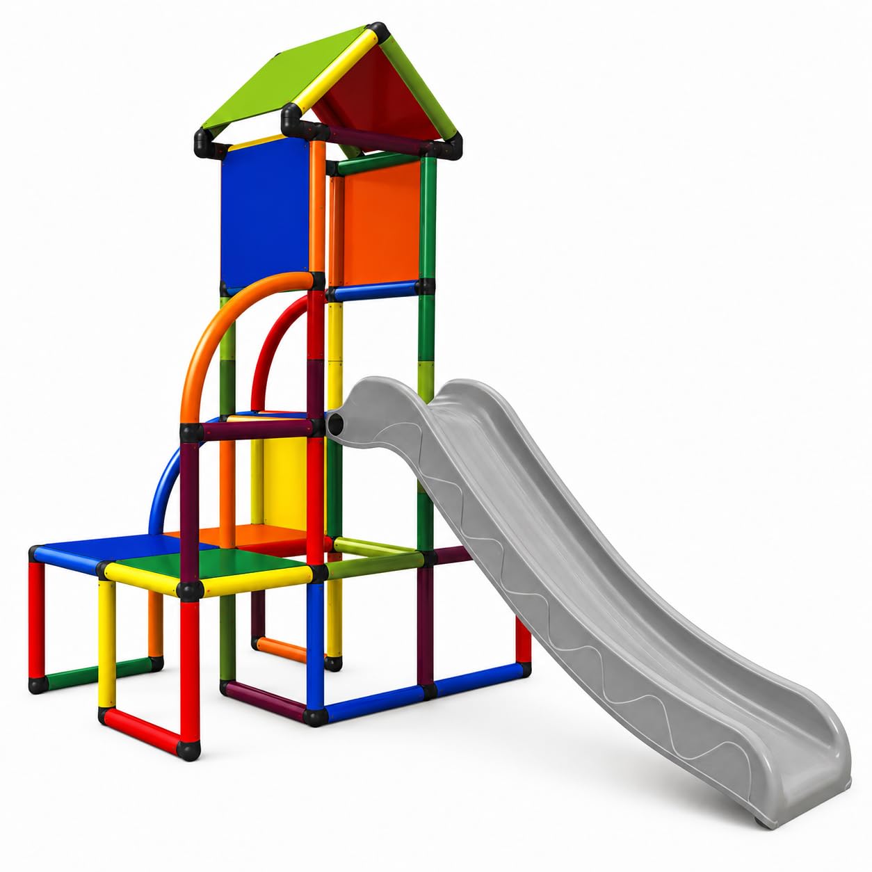 Move and Stic Toni Kletterturm mit Rutsche & Dach, Bunter Spielturm für Kinder, Indoor & Outdoor, Erweiterbares Stecksystem, UV-beständig, TÜV/GS geprüft, EN 71, ca. 225 x 125 x 194 cm