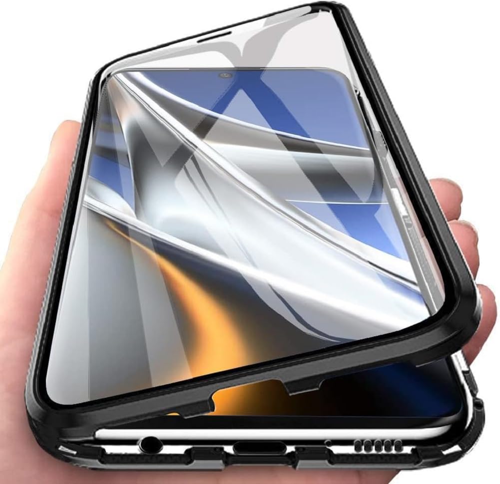 Case Compatible for VIVO V40 5G,Magnetic Adsorption Metal Bumper Frame with Transparent Tempered Glass Screen Front and Back, 360 Degrees Protection Case, Camera Lens Protectors Cover,Black