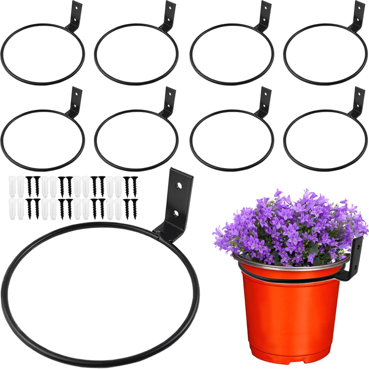 GXXMEI 8PCS 6 Inch Black Plant Pot Holders, Flower Pot Holder Ring Wall Mount Plant Holder, Heavy Duty Iron Planter Ring Hangers for Fence Balcony Home Garden Yard, Screws Included