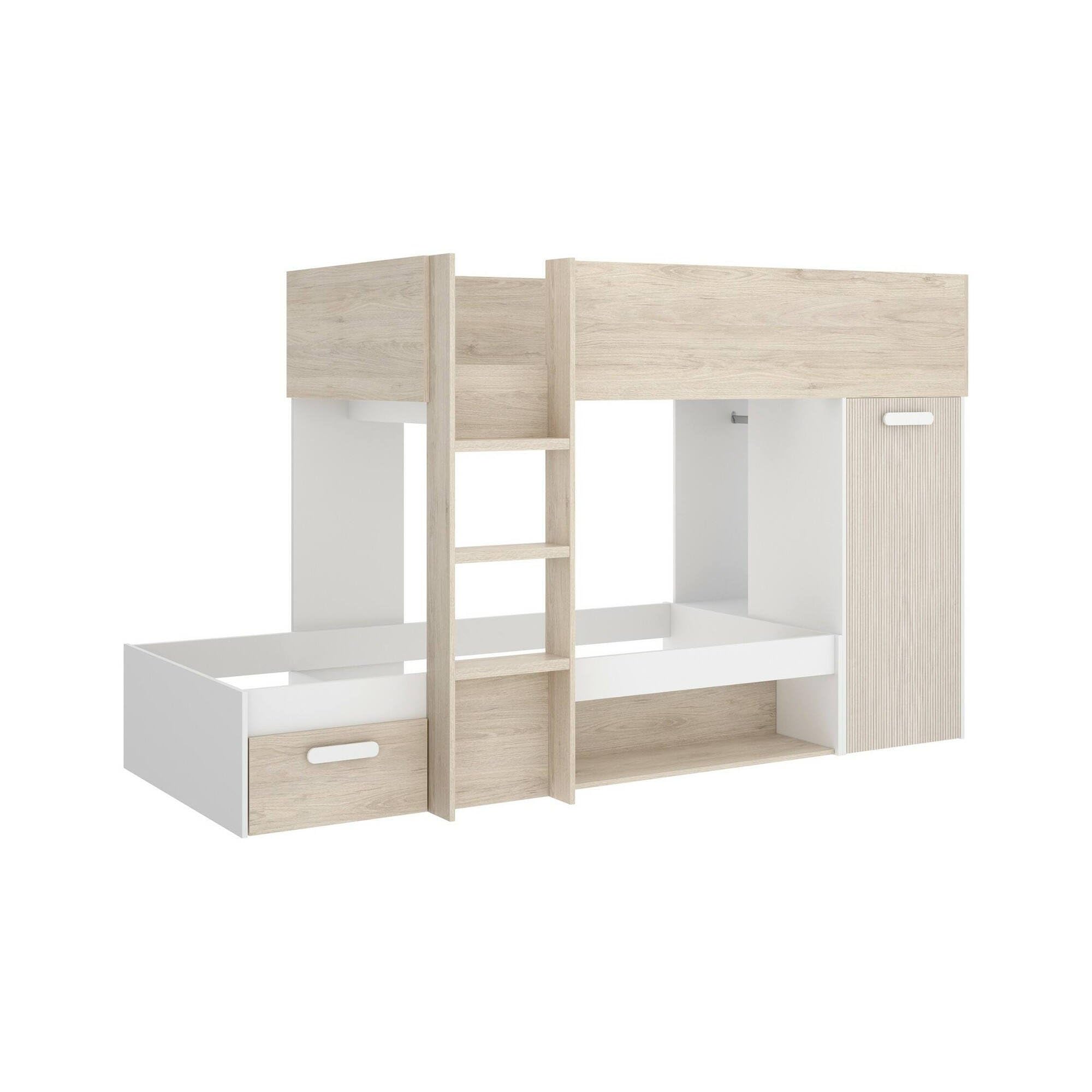 Dmora - Composizione camera da letto Focalone, Stanza da letto completa, Cameretta per bambini, Set per arredo a ponte, 246x112 h150 cm, Bianco e Rovere