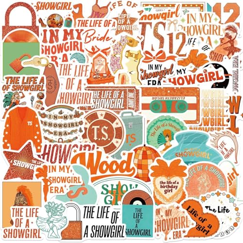 50pcs Tayloris Show-Girl Music Stickers for Adults Female Pop Singer Stickers for Teen Girl Waterproof Vinyl Sticker for Water Bottle Laptop Phone Party Favors Movie Decor