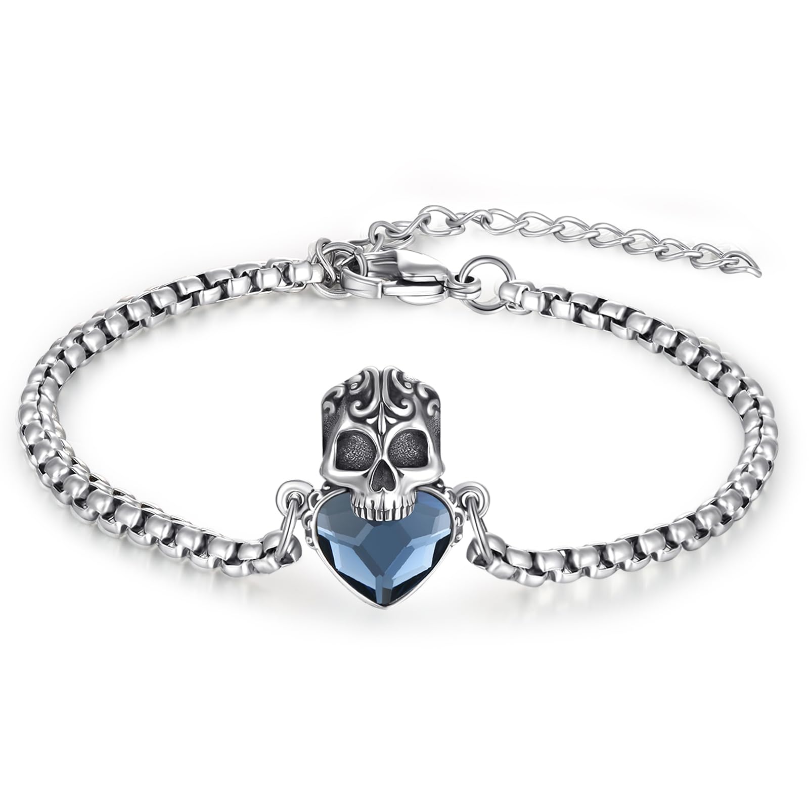 Bracelet tête de mort en argent sterling 925 avec cristal rouge/bleu/noir/vert, style gothique, punk, cadeau pour femmes, hommes, filles, garçons, avec chaîne en acier inoxydable