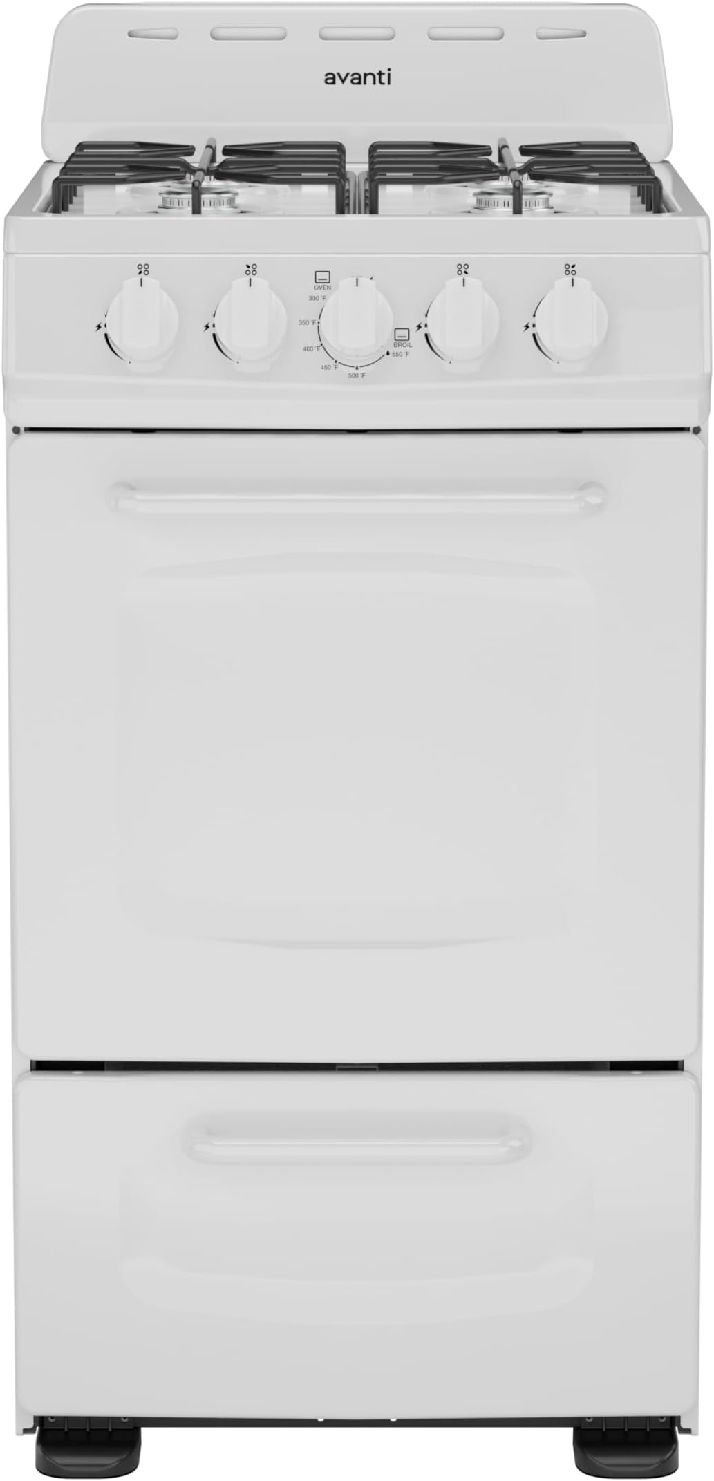 Avanti Gas Range Oven, Compact Freestanding Design, 4 Burners with Electronic Ignition, 2.1 Cu.Ft. Capacity Features Solid Door Storage Drawer Broiler and Accessories, 20-Inch, White