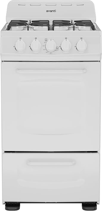 Avanti Gas Range Oven, Compact Freestanding Design, 4 Burners with Electronic Ignition, 2.1 Cu.Ft. Capacity Features Solid Door Storage Drawer Broiler and Accessories, 20-Inch, White