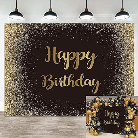 Black Gold Happy Birthday Backdrop Glitter Diamonds Birthday Photography Background Men Women Adult Kid Birthday Party Cake Table Decoration Props 7x5FT Cover
