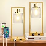 16" Desk Lamps for Home Office, Bedside Lamps with USB C+A Ports and Outlet, Black Fully Stepless Dimmable Industrial Table Lamps with Seeded Glass Shade for Reading Living Room, LED Bulbs Included