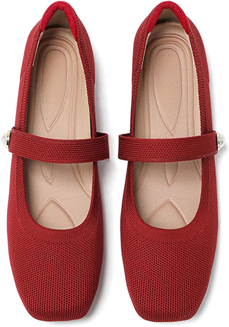 Hebelee Womens Mary Jane Flats Square Toe Knit Ballet Flats for Women