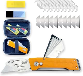 Maerd Heavy Duty Folding Utility Knife, Quick Change Box Cutter Pocket Knife with Frame Lock, Blade Storage in Handle with Extra 25 Blades Included, Razor Carpet Work Knives EDC Box Cutter with Belt Clip(Orange)