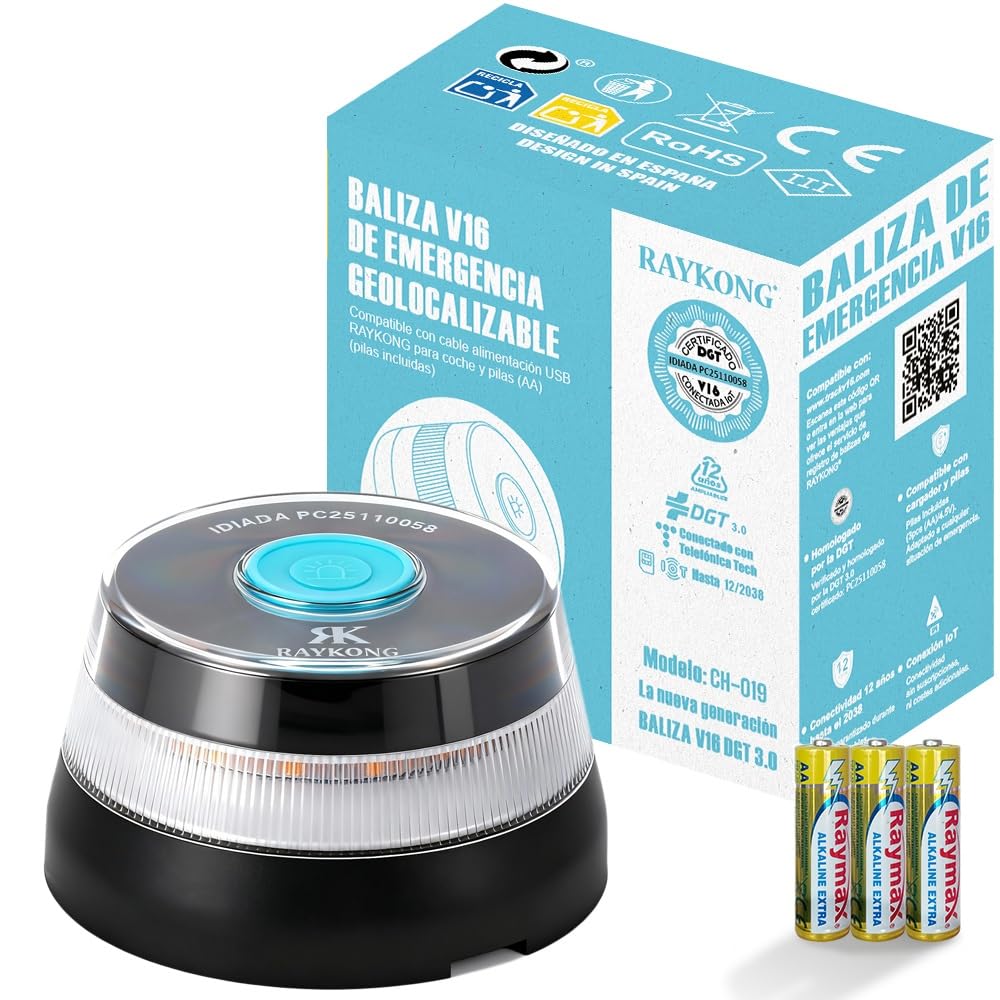 RAYKONG Baliza V16 Geolocalización DGT | Luz Emergencia Coche Homologada y Conectada DGT 3.0 | SIM y Datos Pagados hasta 12/2038 | 1 Unidad