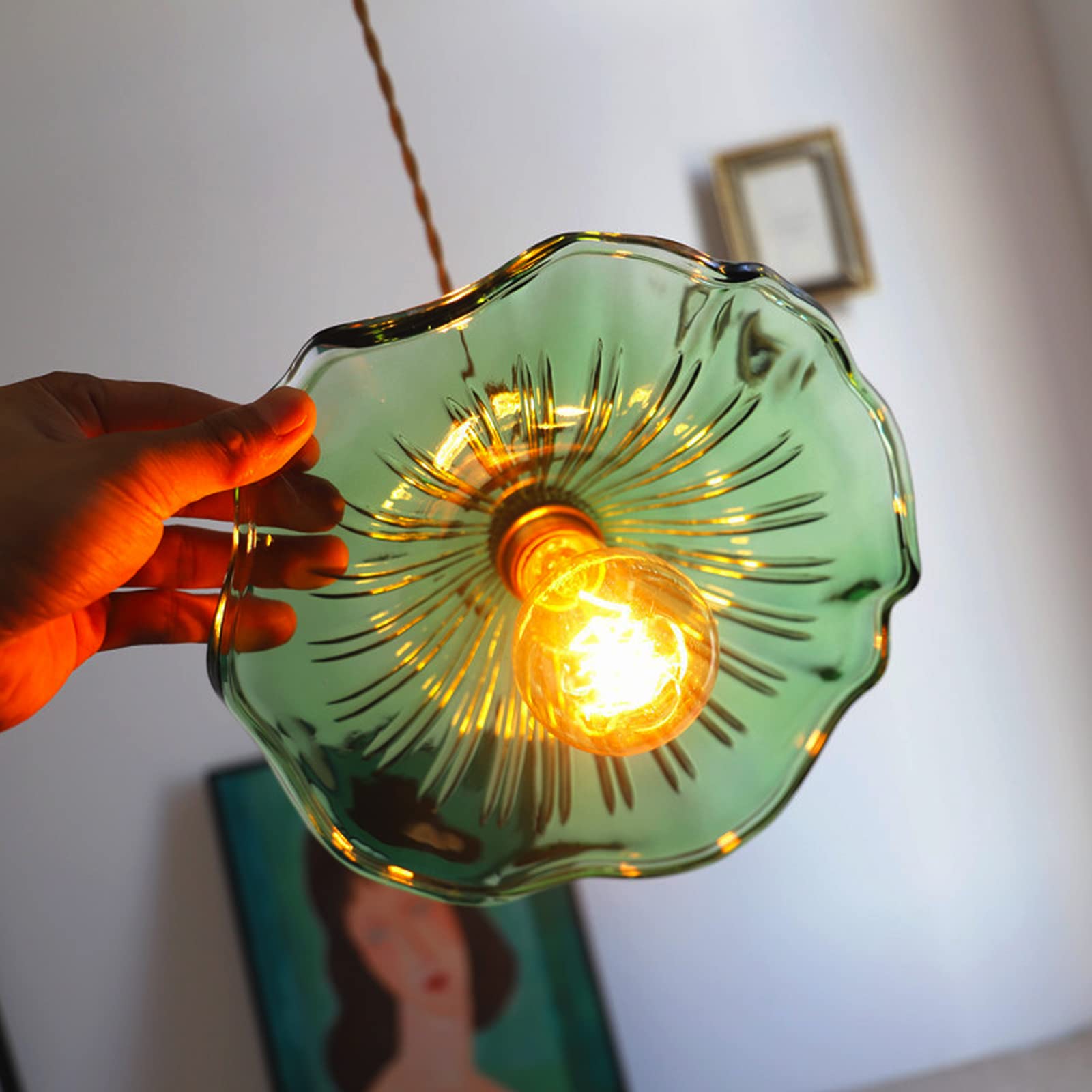 Industrial Vintage Glass Pendant Lamp E27 Base Brass Finish Lamp Holder Retro Ceiling Hanging Light Fit for Loft Living Room Kitchen Coffee Shop (Green) - Image 4