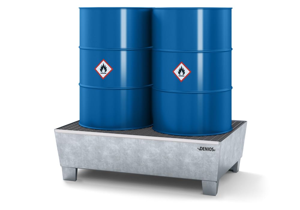 DENIOS Bac de Rétention en Acier Galvanisé, 2mm, 235L, 1236x815x355mm, 48kg, pour 2 Fûts de 200L