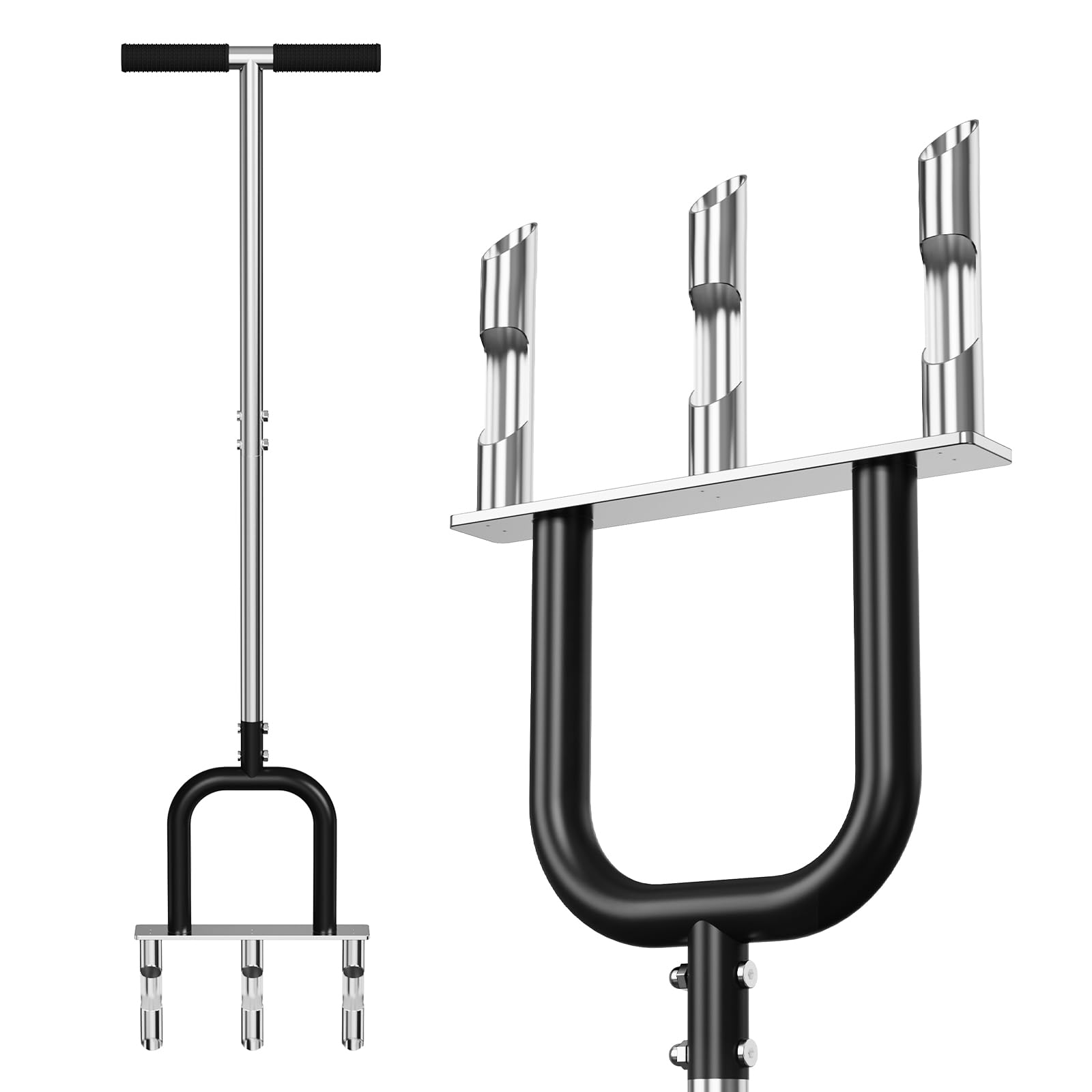 Lawn Core Aerator, Hollow Tine Grass Aerating Tool, Manual Garden Soil Plugger 3 Prong, Stainless Steel Lawn Yard Grass Soil Core Aerator, Manual Lawn Plug Aerators, Core Aeration Tool (Black)