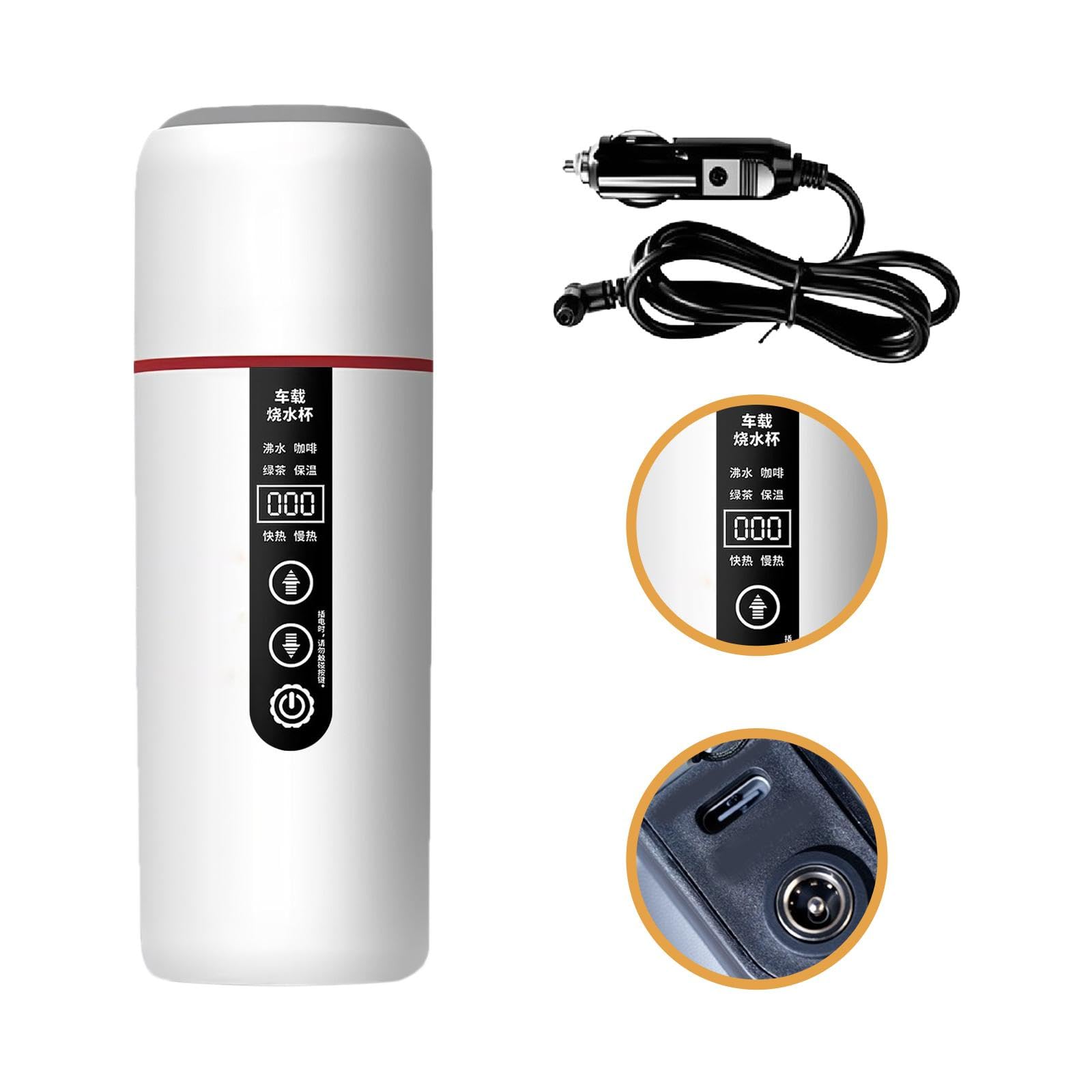 Bouilloire Voiture Électrique Tasse Chauffante Gourde INOX Affichage LED Maintien Température Pratique Adaptée Randonnée Camping Travail, Blanc
