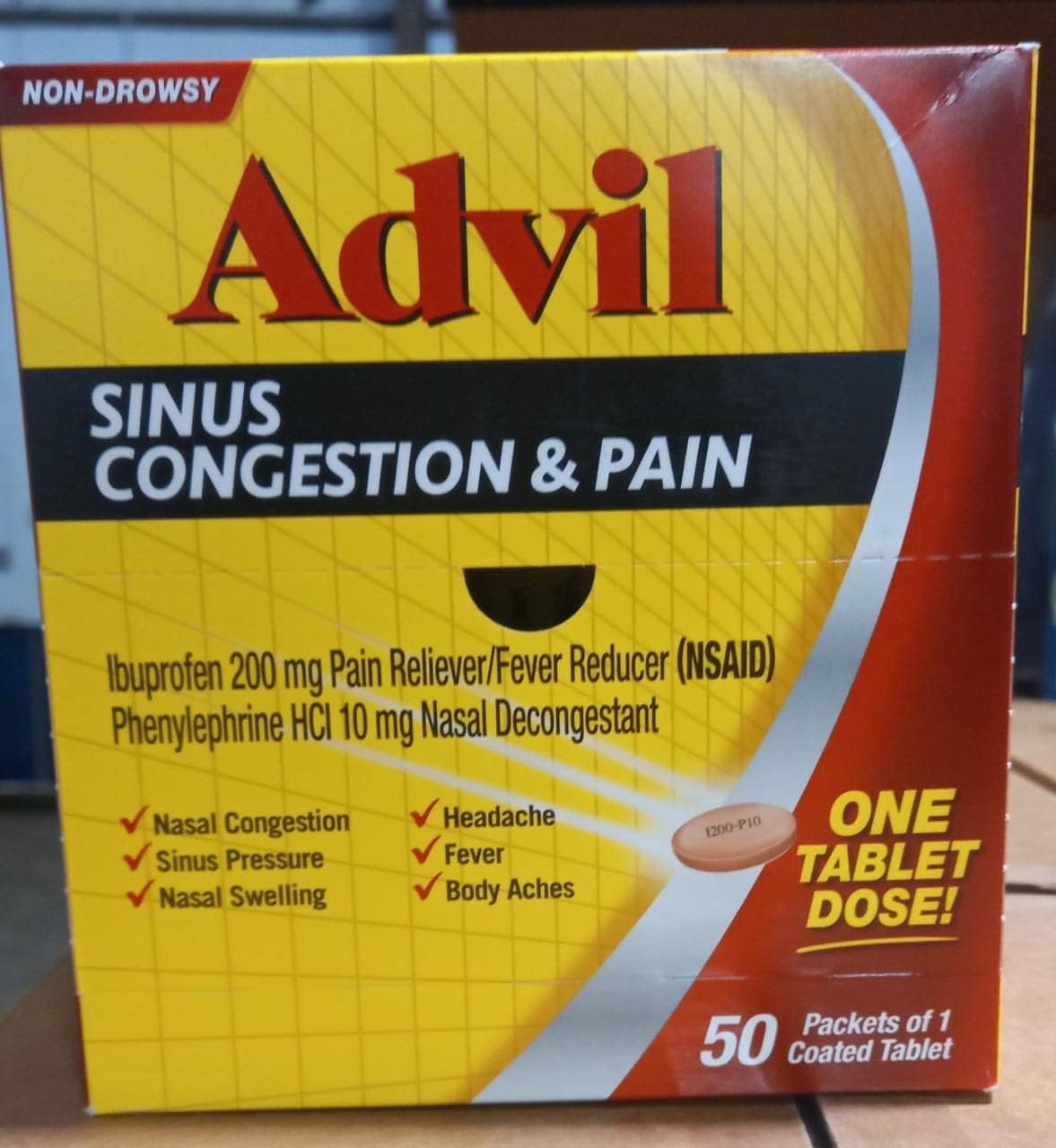 Sinus Congestion & Pain Dispenser Box, 50 Packets of 1 Coated Tablet (Pack of 2)