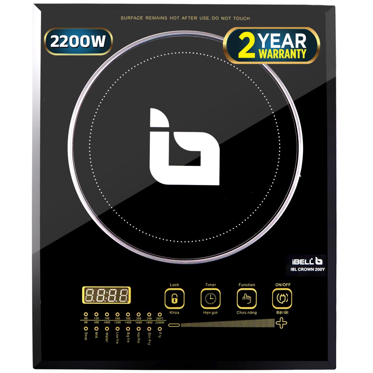 IBELL CROWN200Y Induction Cooktop 2200 Watt, Auto Shut Off, 2 Year Warranty, Crystal Glass Top, Touch Buttons, 8 Cooking Modes, Over Heat Protection, Big Size (Black)
