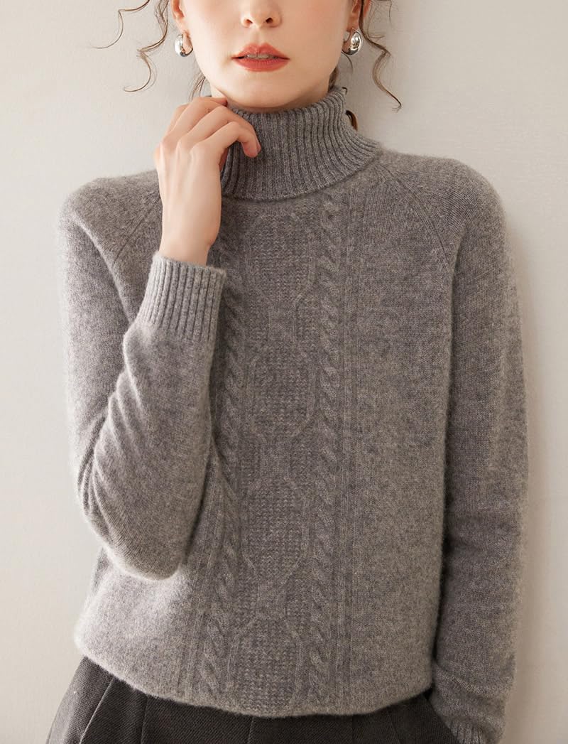 DISSA Maglione da donna in cashmere, a collo alto, a maniche lunghe, in lana cashmere, motivo a treccia, maglione spesso rilassato, SH530