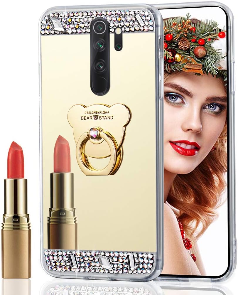ISADENSER Xiaomi Redmi Note 8 Pro Case Cover Ultra-Slim Glitter Bling Diamond Case Mirror Makeup Soft Cover with Ring Stand Holder for Xiaomi Redmi Note 8 Pro, Gold Diamond Bear TPU with Stand Holder