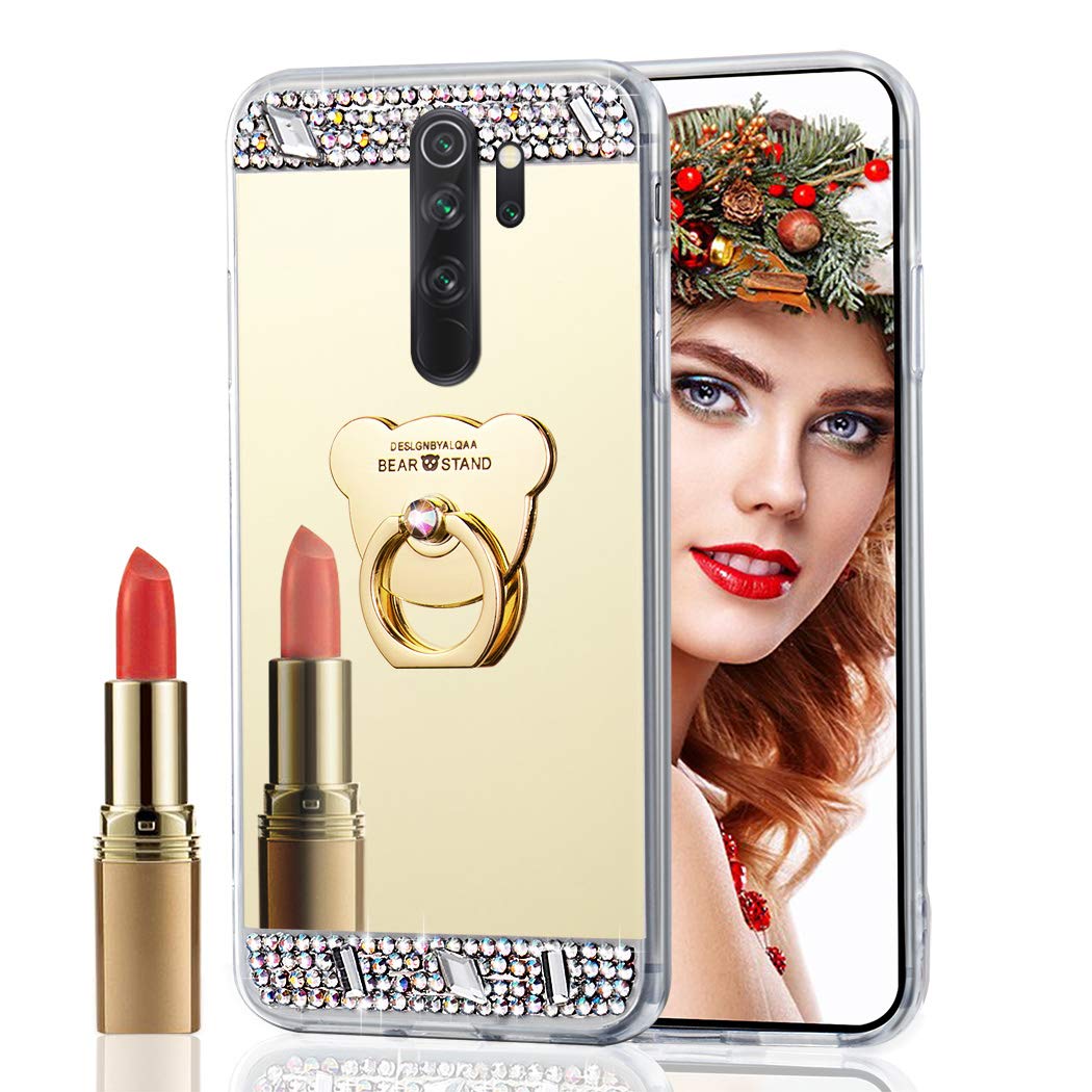 ISADENSER Xiaomi Redmi Note 8 Pro Case Cover Ultra-Slim Glitter Bling Diamond Case Mirror Makeup Soft Cover with Ring Stand Holder for Xiaomi Redmi Note 8 Pro, Gold Diamond Bear TPU with Stand Holder
