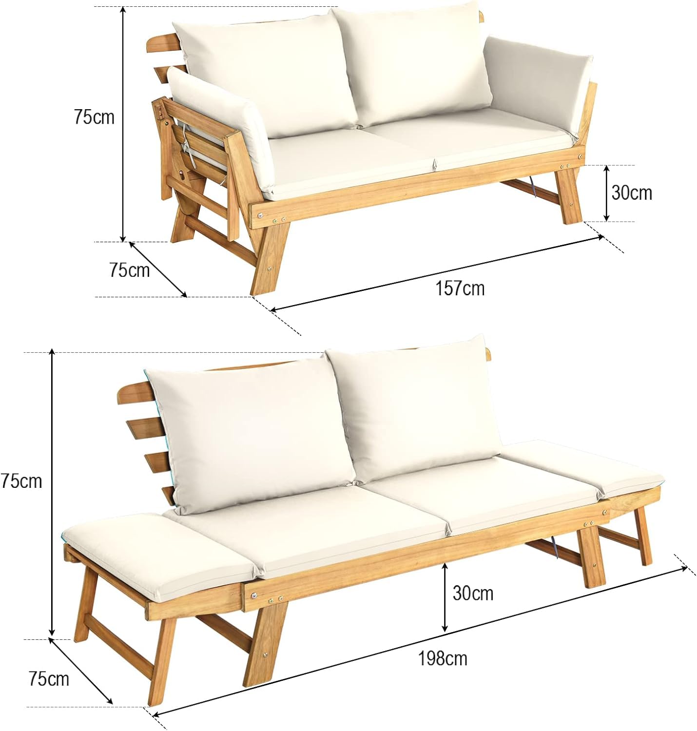 GOPLUS Sofá Cama de Jardín 2 Plazas, 3 en 1 Sofá Exterior Convertible en Tumbona y Cama Individual, Banco de Madera de Acacia con Cojines y Reposabrazos Ajustables, Terraza Patio Piscina (Blanco)
