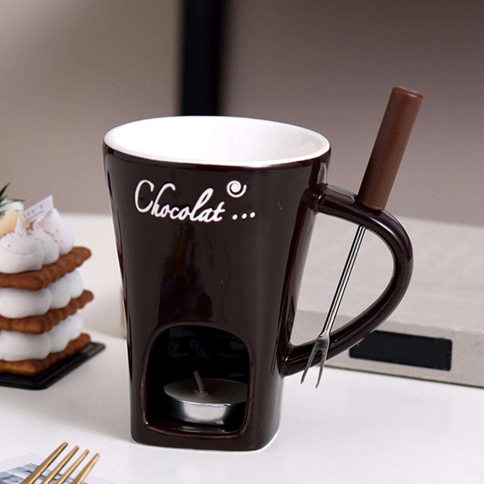 Tazza Per Fonduta In Ceramica 130 Ml Con Forchetta – Scalda Cioccolato, Formaggio E Burro Con Candela