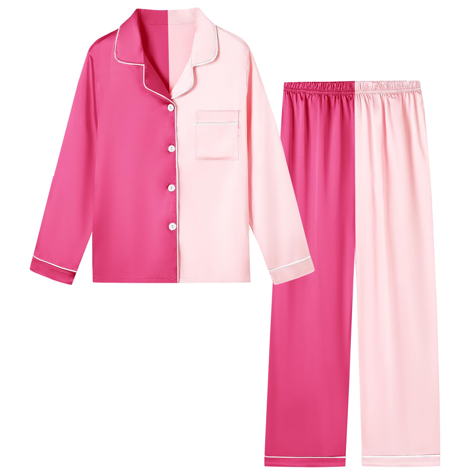 Schbbbta Girls & Women Pajamas Set, 2 Piece Satin Silky Pjs Button-Down Kids Sleepwear, 3 Years - XX-Large