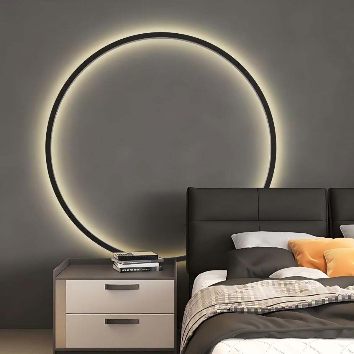 AstrizLamp LED Round Wall Light Black with Plug-USB Minimalist Circle Wall Lamp 80cm Large Indirect Light Indoor Dimmable Ring Living Room Wall Lights for Shop Office Cafe Hallway Study Room