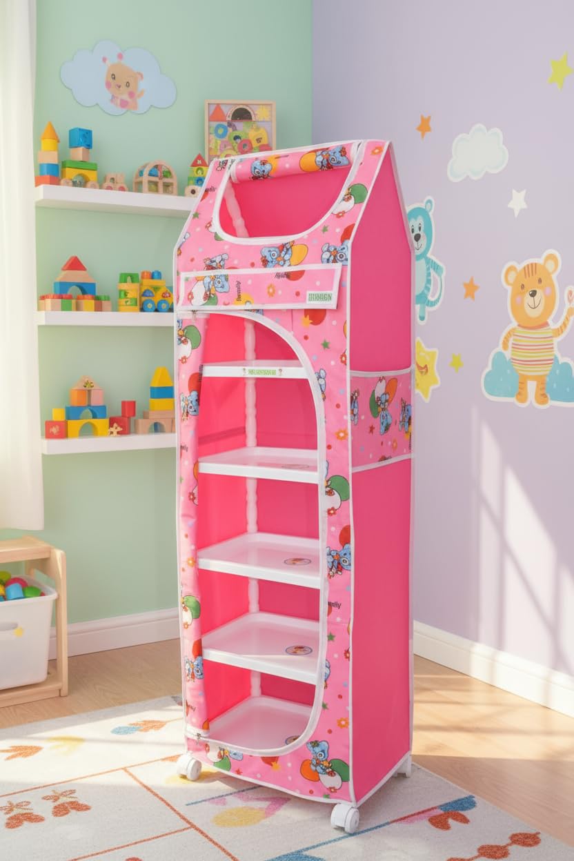 FLIPZON Baby Wardrobe Plastic Multipurpose 6 Shelve, Foldable, (Unbreakable Material) (Pink, Pack of 1)