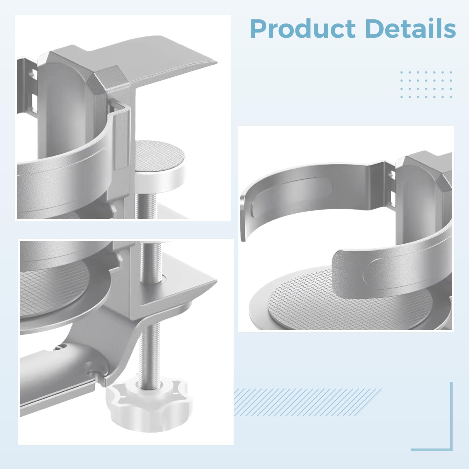 2-in-1 Tischkanten Becherhalter mit Kopfhörerständer, Silber, ABS und Aluminiumlegierung, drehbare Klemmung, Rutschfester Sockel, 11,5 cm Breite, ohne Bohren, für Stanley Cups und viele Tische