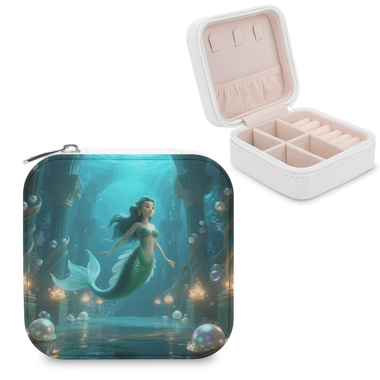VstaDank Mermaid in Underwater Palace Jewelry Organizer Travel Case for Women With Zipper Mini Jewelry Case PU Leather Jewelrys Box for Rings Necklaces Bracelets Earring Holder Organizer Storage