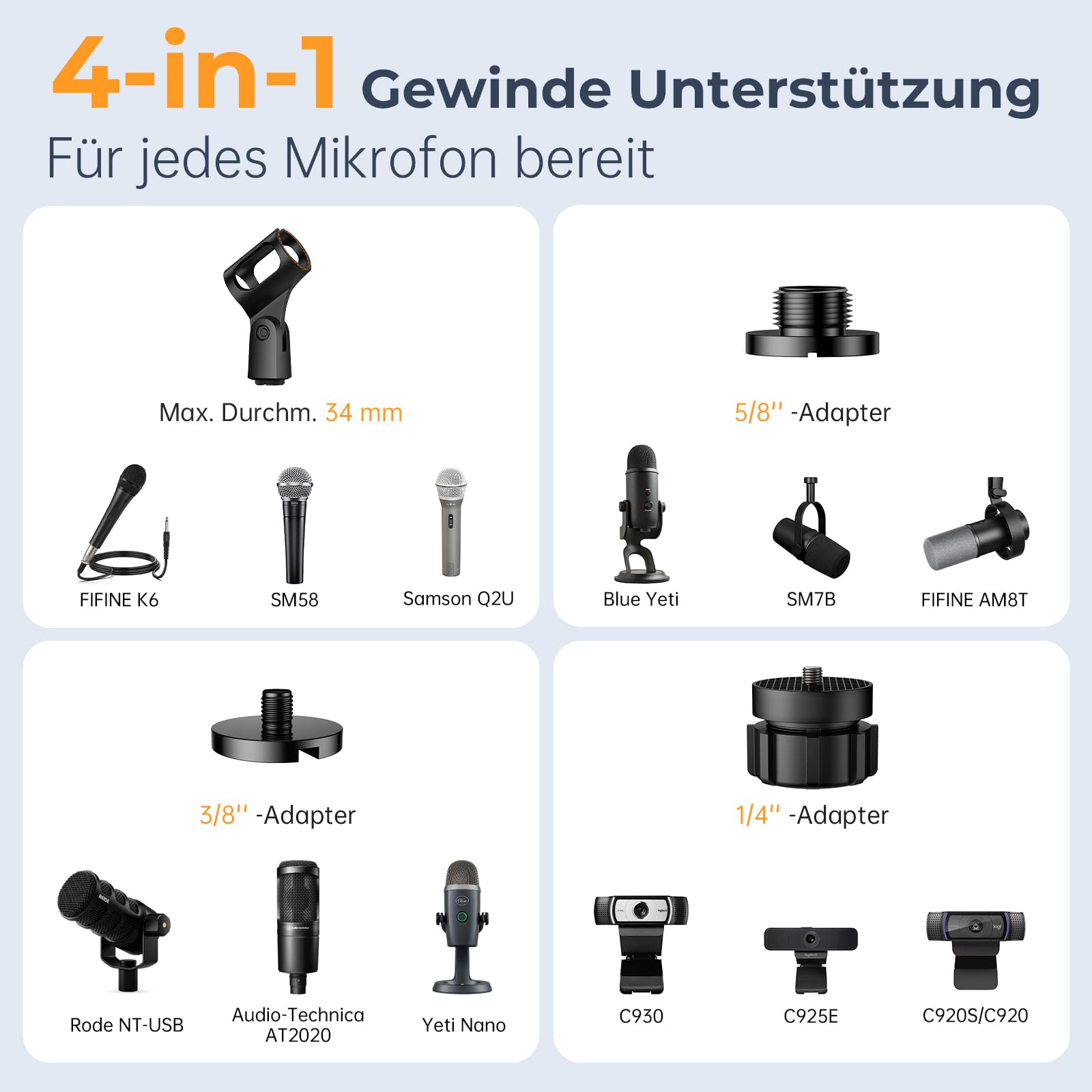 Tischhalterung Mikrofonständer Verstellbarer Montagearm mit 1/4"-3/8"-5/8" Mehrfachgewinde für Blue Yeti, Fifine, HyperX + Mikros/Webcams/DSLRs, Für Studio/Podcast/Livestream Lösung